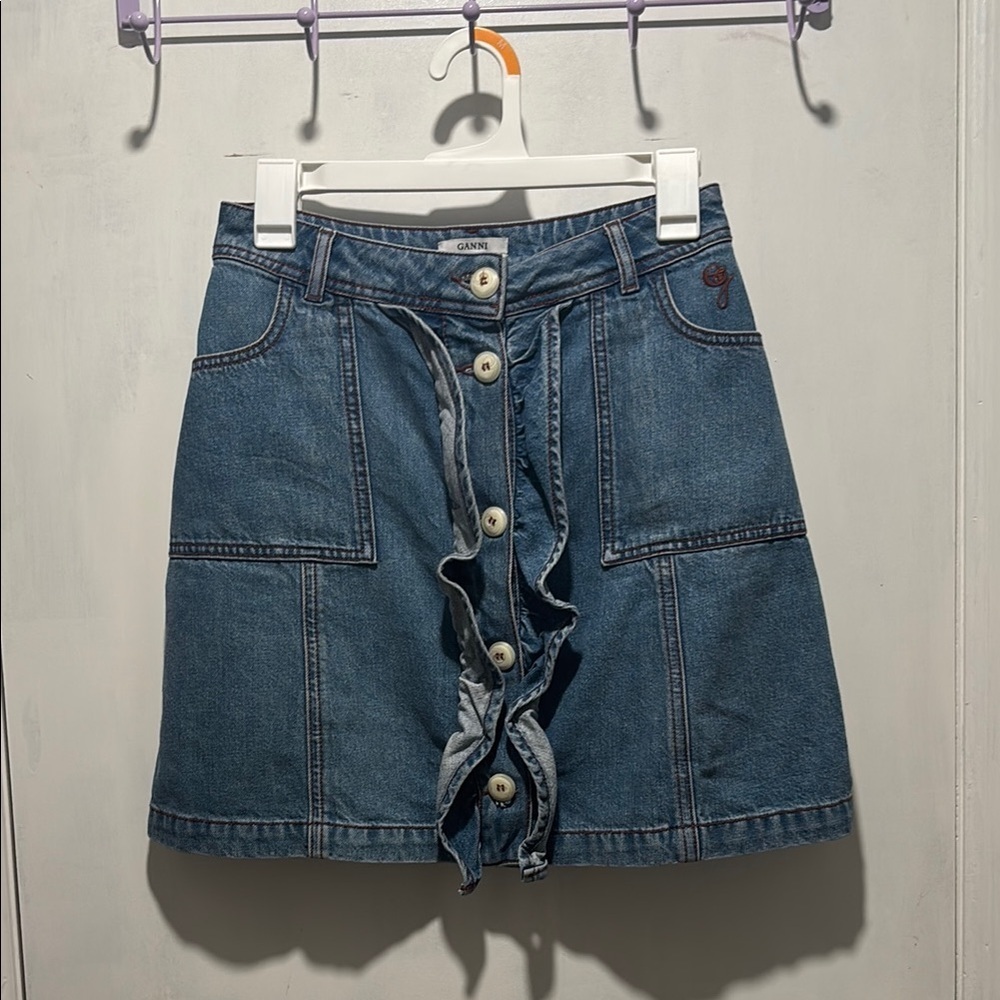 GANNI Benedict mini ruffle denim skirt
